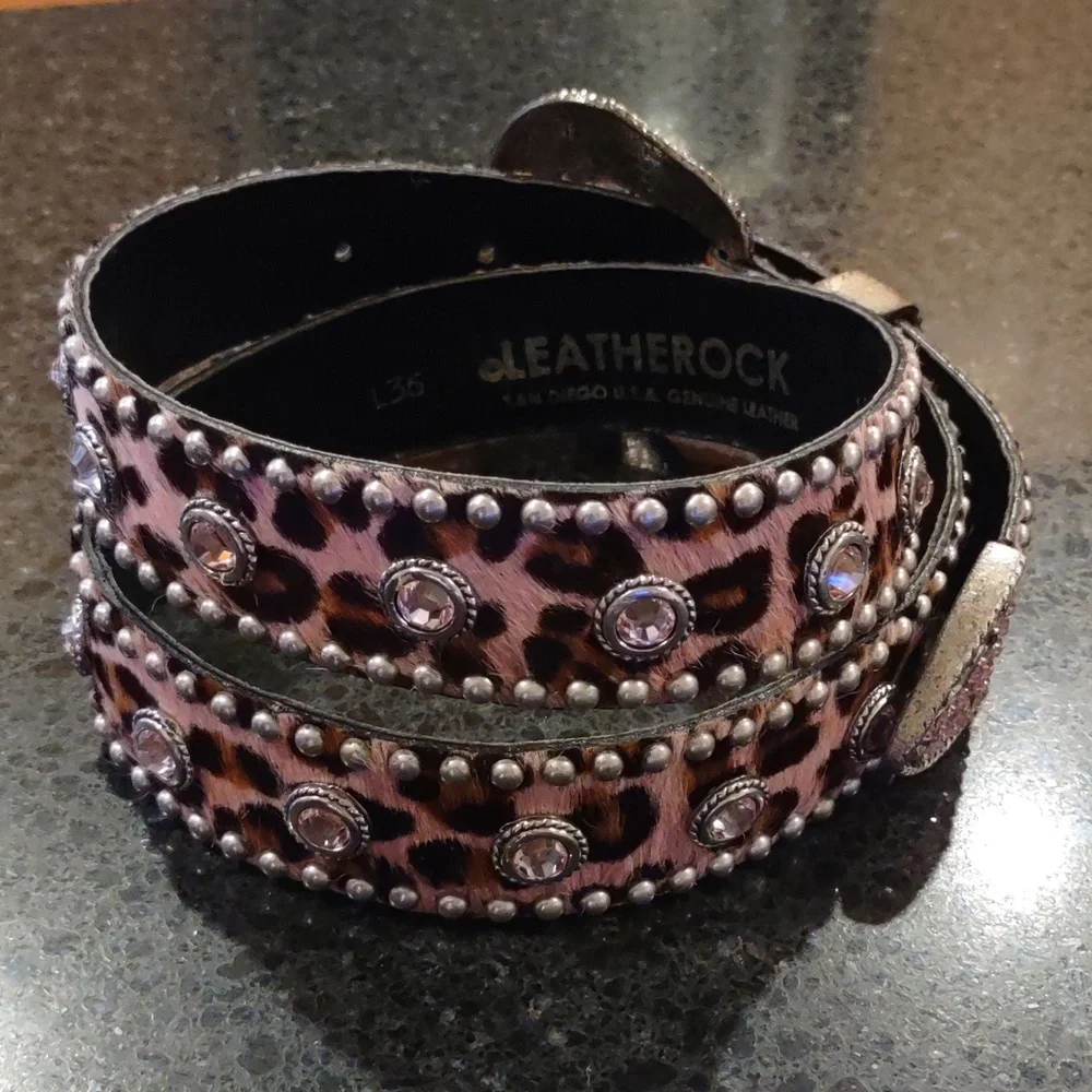 LEATHERROCK | Pink 🩷 Leopard Calf Hair Rhinestone Embellished Cowgirl Belt